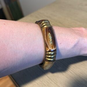 Vintage Plastic Bangle Bracelet, Wood, Metal, Brown, Bronze, Retro, Boho